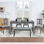 KEIKI 6-Piece Standard Height Dining Table Set with Rectangular Table, 4 Upholstered Slatted Backrset Chair, Bench, for 6 Person, Modern Style Table Set, Easy Assembly, for Kitchen, Dining Room, Gray