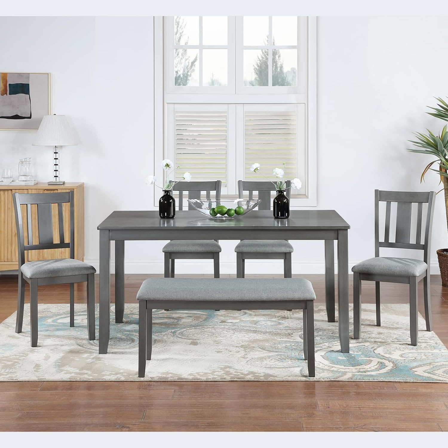 KEIKI 6-Piece Standard Height Dining Table Set with Rectangular Table, 4 Upholstered Slatted Backrset Chair, Bench, for 6 Person, Modern Style Table Set, Easy Assembly, for Kitchen, Dining Room, Gray