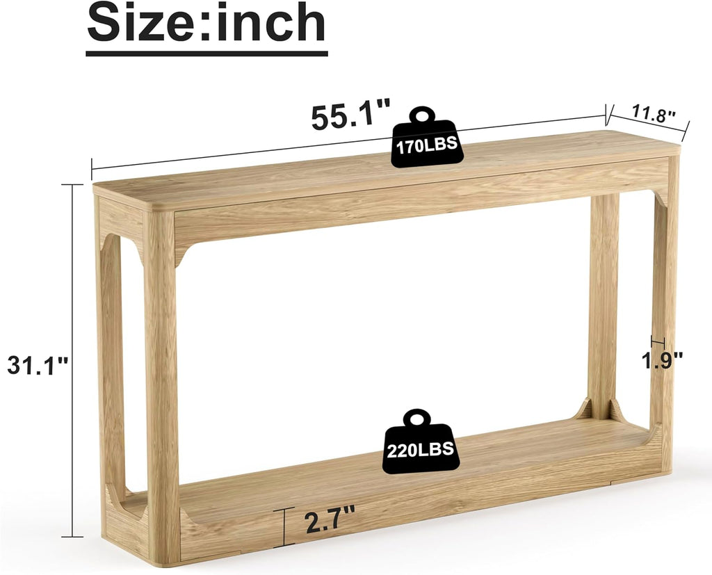 Knocbel Long Sofa Console Table with Bottom Open Storage Shelf, Narrow Wooden Entryway Hallway Foyer Sofa Couch Side Table, Easy Assembly (Natural 55")