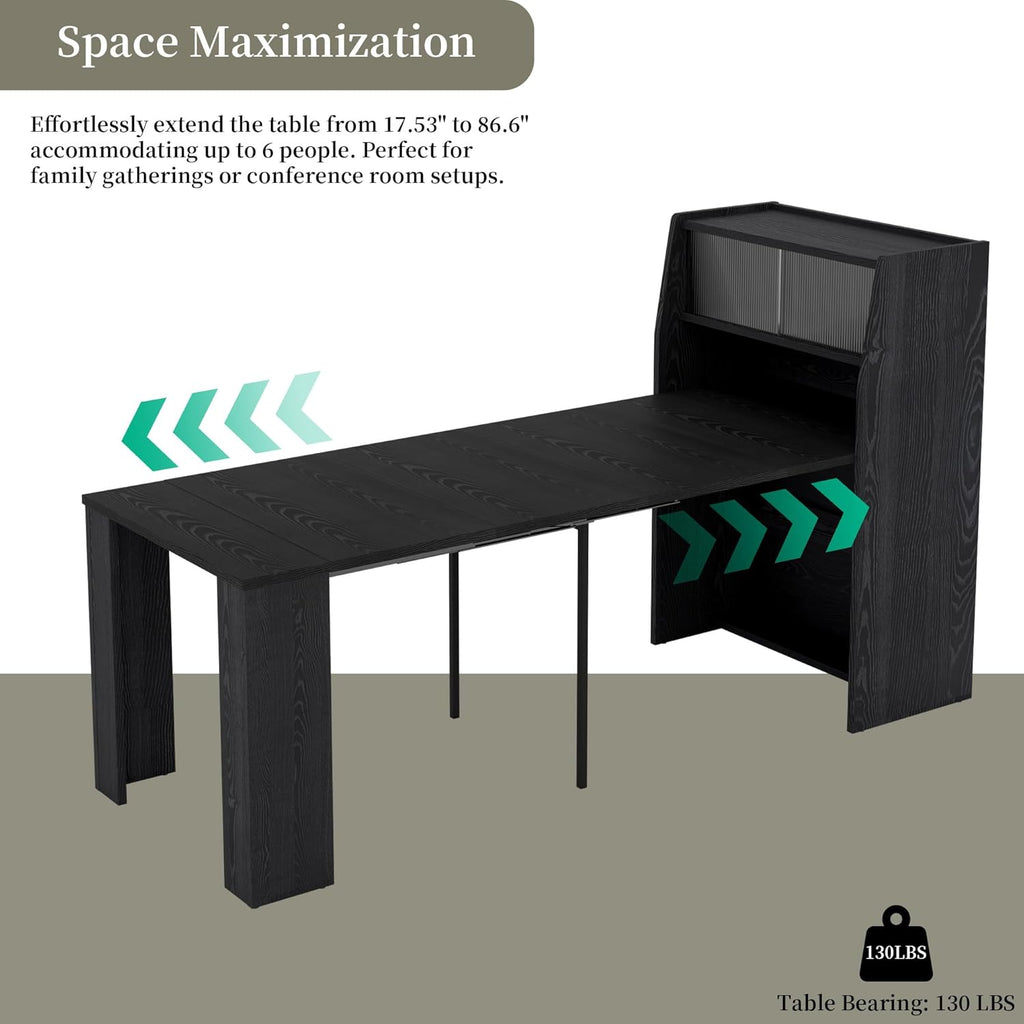 HIPIHOM 86.6" Extendable Dining Table for 4-6, MDF, Storage Cabinet | Retractable Console Table, Storage Cabinet for Kitchen or Dining Room, Ideal for Small Space, Apartment, Family Meal