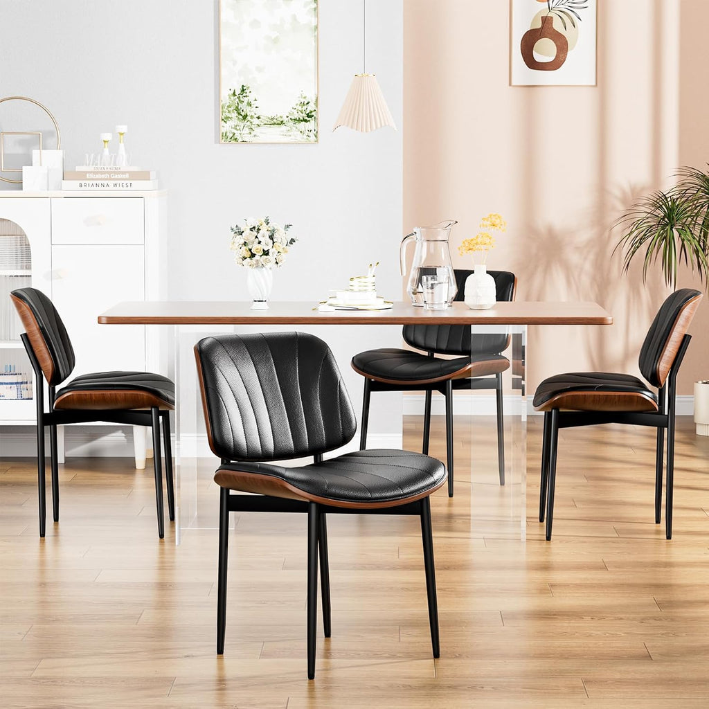 YaFiti Dining Chairs Set of 2, Mid Century Modern PU Leather Kitchen Chairs | Ergonomic Walnut Backrest, Upholstered Waterproof Faux Leather Seat, Stable Metal Legs, Adjustable Footpads, Black Scallop