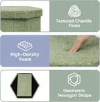 Hexagon Storage Ottoman, Foldable Chenille FootRest with Hidden Storage, Small Ottoman Footstool for Living Room, Bedroom, Dorm, Entryway, 15 x 16.9 x 15 Inches, Green