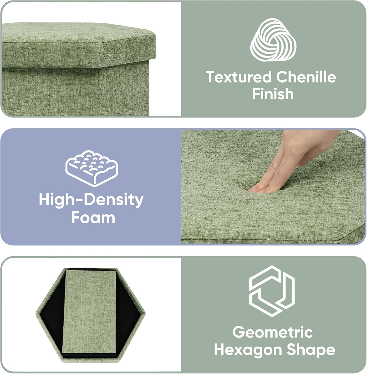 Hexagon Storage Ottoman, Foldable Chenille FootRest with Hidden Storage, Small Ottoman Footstool for Living Room, Bedroom, Dorm, Entryway, 15 x 16.9 x 15 Inches, Green