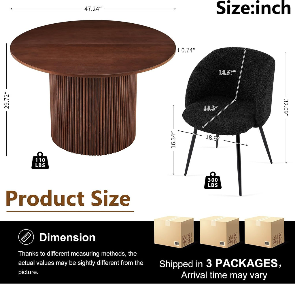Homedot 5-Piece Round Dining Table Set for 4, 47-Inch Walnut Kitchen Table and Upholstered Chairs Set for Dining Room, Modern Circle Dinette Table Set with Black Barrel Dining Side Chairs Upholstered