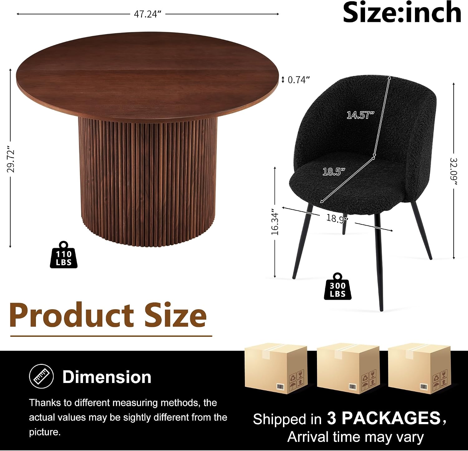Homedot 5-Piece Round Dining Table Set for 4, 47-Inch Walnut Kitchen Table and Upholstered Chairs Set for Dining Room, Modern Circle Dinette Table Set with Black Barrel Dining Side Chairs Upholstered