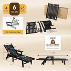 THOEOE Patio Chaise Lounge Chair,HDPE Lounge Chair Outdoor with Wheels | Oversized pool lounge chairs with cup holder, 5 adjustable position for patio,outside,pool,deck
