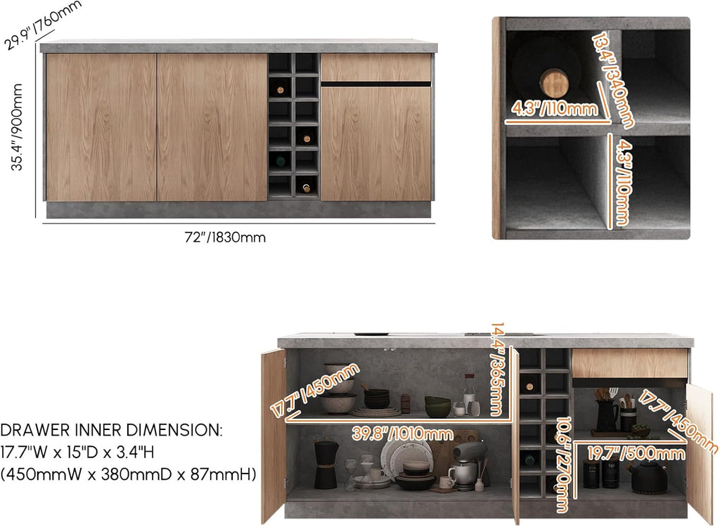 homary 72" Large Gray Kitchen Island with Storage & LED Lights, Wood Freestanding Island with Wine Rack, Drawers, Cabinet & Shelves, Modern for Kitchen & Dining Room