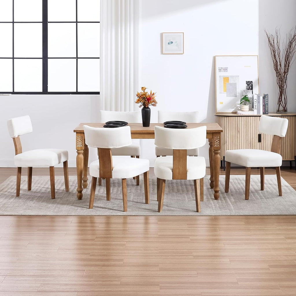 Mid Century Modern Dining Chairs Set of 4, Linen Fabric Upholstered Dining Chairs with Wood Legs, Farmhouse Kitchen Chair Armless, Comfy Side Chairs for Dining/Living Room/Kitchen, Cream