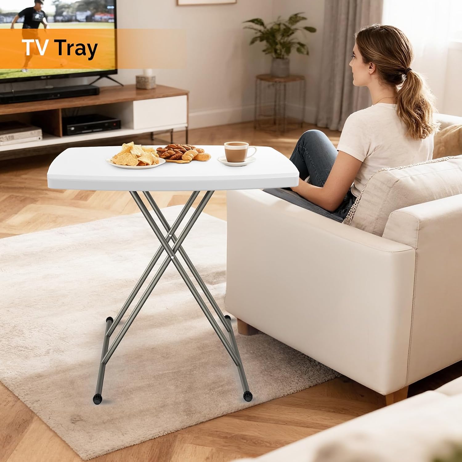 VINGLI Small Adjustable Folding Table, 13.8 in-28 in Height Personal Laptop TV Tray, HDPE Plastic Top with Steel Frame, 30 inch, White