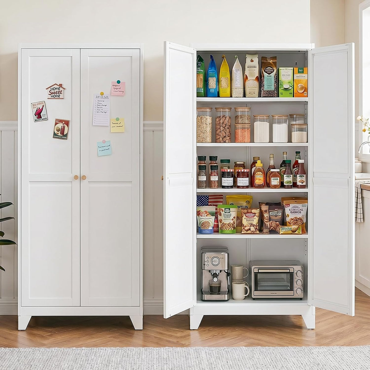 71" Metal Kitchen Pantry Cabinet with Dual Handles & Adjustable Legs, Freestanding Storage Cabinet with Doors and 4 Adjustable Shelves, Tall Food Pantry for Kitchen Dining Room, White