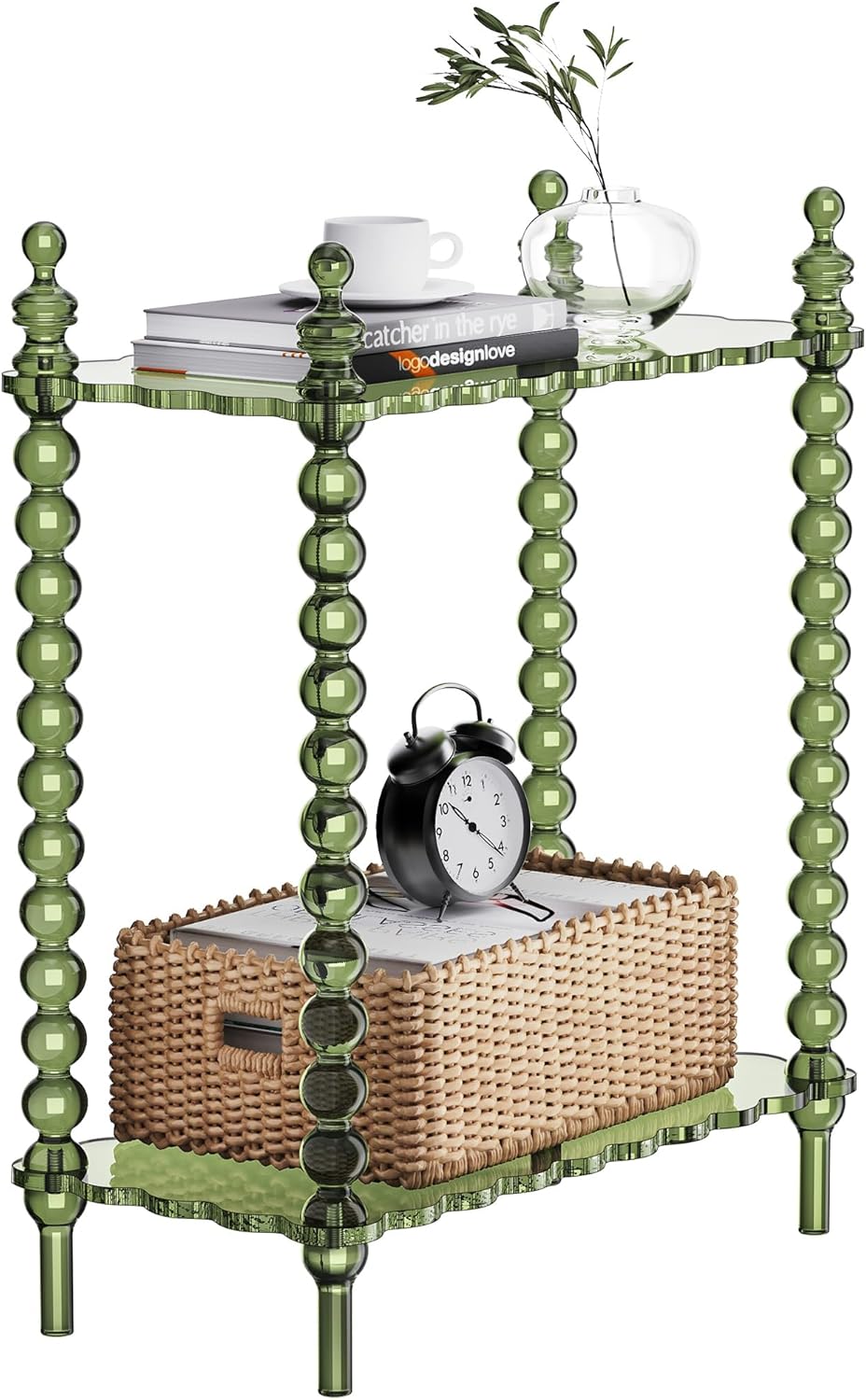 Acrylic Side Table 2-Tier, Clear Nightstand with Storage, Narrow Bedside End Table for Small Spaces (Green, 20.6"×10.4“×26”)