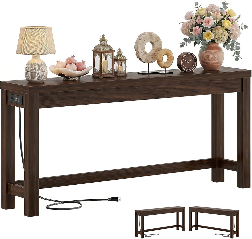 Cyclysio 63" Console Table with Charging Station, 13.8" Deep Farmhouse Sofa Table Behind Couch with 2 AC Outlets & 3 USB Ports, Long Entryway TV Console or Home Office Desk, Black Walnut