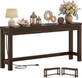 Cyclysio 63" Console Table with Charging Station, 13.8" Deep Farmhouse Sofa Table Behind Couch with 2 AC Outlets & 3 USB Ports, Long Entryway TV Console or Home Office Desk, Black Walnut