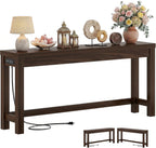 Cyclysio 63" Console Table with Charging Station, 13.8" Deep Farmhouse Sofa Table Behind Couch with 2 AC Outlets & 3 USB Ports, Long Entryway TV Console or Home Office Desk, Black Walnut