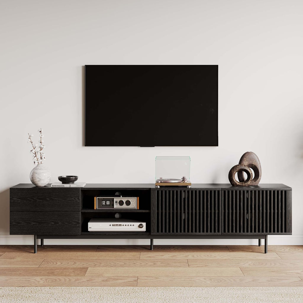 POVISON Mid Century Modern TV Stand, 94.49" Black Solid Wood Media Console for 75 inch TV, Full Assembled Entertainment Center with Storage for Living Room, Tall Cabinet with Metal Legs