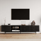 POVISON Mid Century Modern TV Stand, 94.49" Black Solid Wood Media Console for 75 inch TV, Full Assembled Entertainment Center with Storage for Living Room, Tall Cabinet with Metal Legs