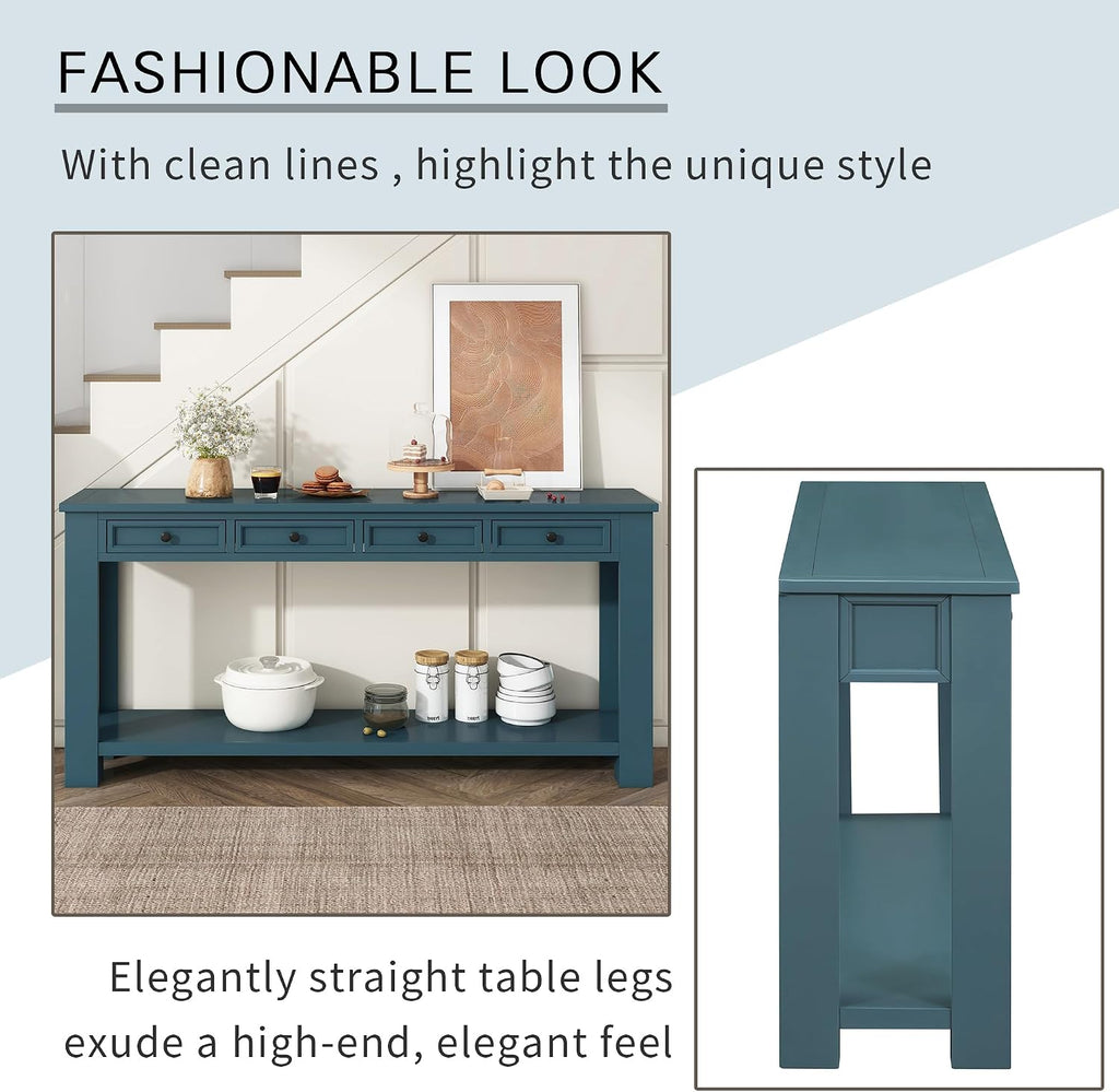 Merax Sofa Table with Storage Drawers and Bottom Shelf, Rustic Console Table with Thickened Legs, Long Entryway Table for Hallway & Living Room, Dark Blue
