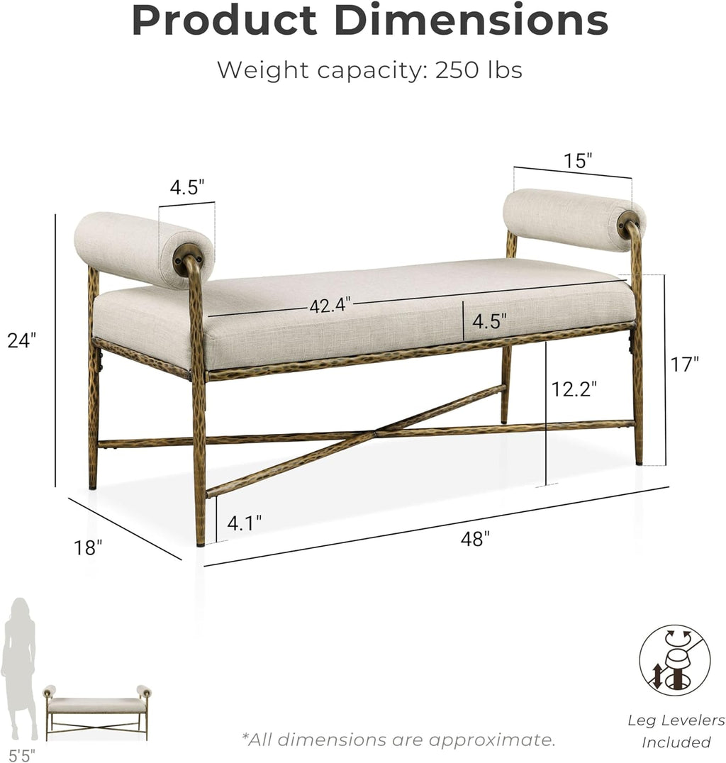 24/7 Shop at Home Lalia Upholstered 48-inch Metal Bench with Padded Roll Arms, Beige Fabric Seat, Hammered Forged Steel Frame, Modern Bedroom or Entryway, Matte Gold