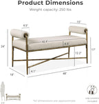 24/7 Shop at Home Lalia Upholstered 48-inch Metal Bench with Padded Roll Arms, Beige Fabric Seat, Hammered Forged Steel Frame, Modern Bedroom or Entryway, Matte Gold