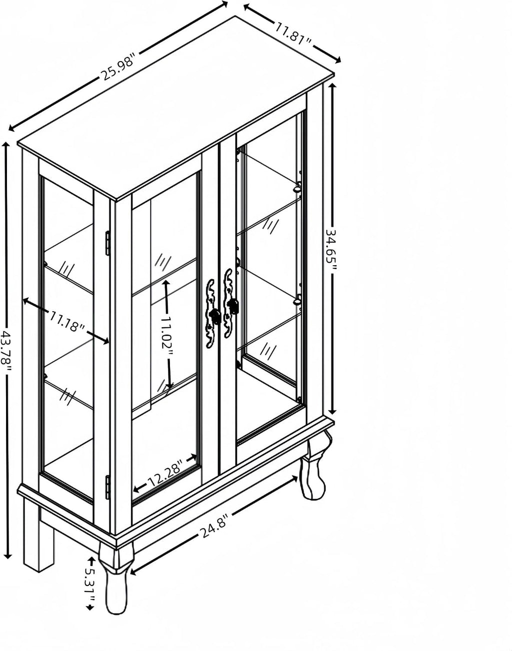 47" Lighted Glass Accent Curio Cabinet, 3-Tier Antique Storage Cage with Adjustable Shelves & Drawer, Acrylic Mirrored Pane, Light Blub Included, Small China Cabinet for Living Room/Kitchen (Dark Oak)