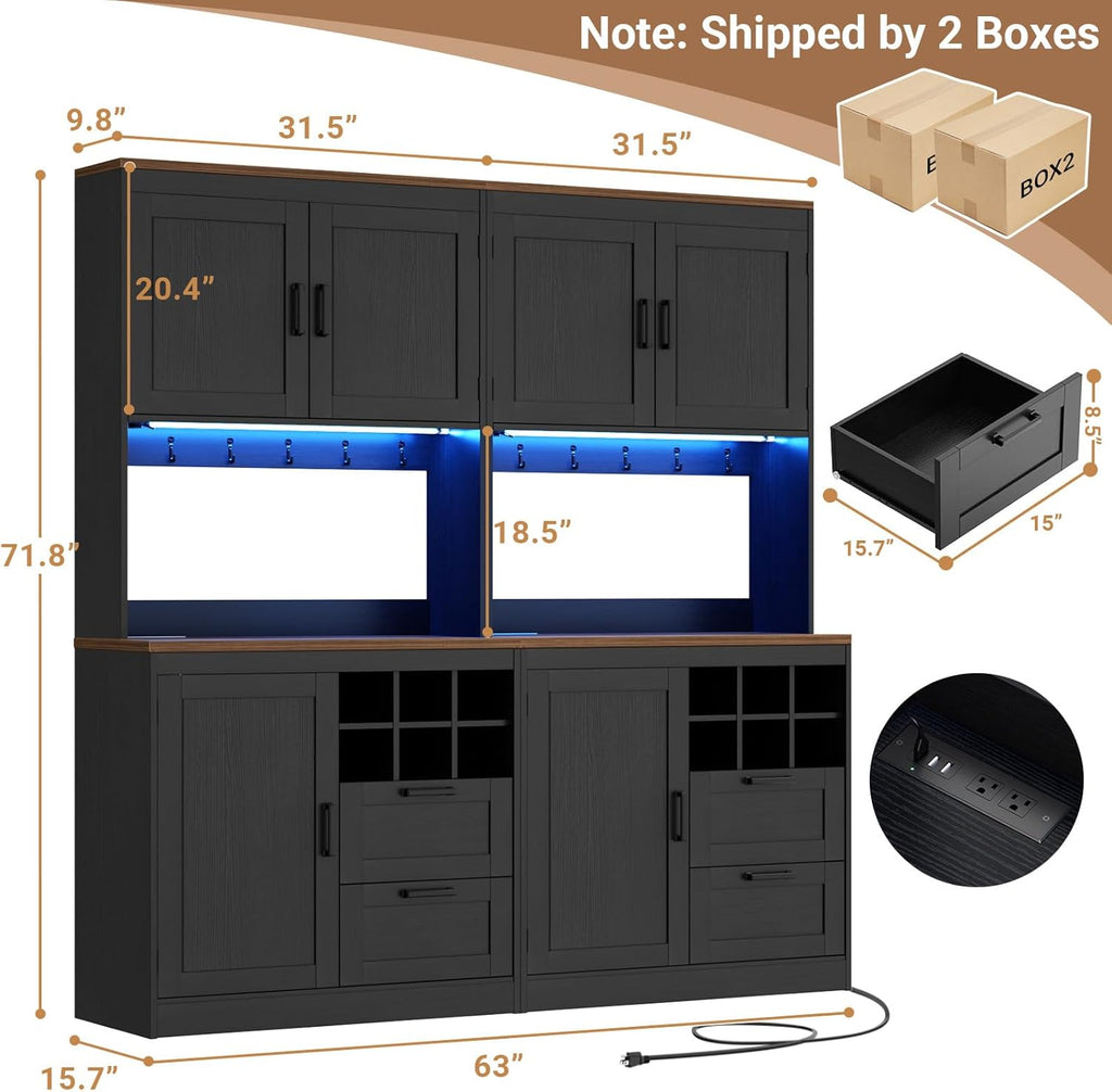 Unikito 72" Tall Pantry Cabinet, Kitchen Pantry Storage Cabinet with LED Light & Outlet, 63" Wide Kitchen Hutch Bar with Microwave Stand, Drawers, Wine Rack & Shelves for Dining Room, Black and Rustic