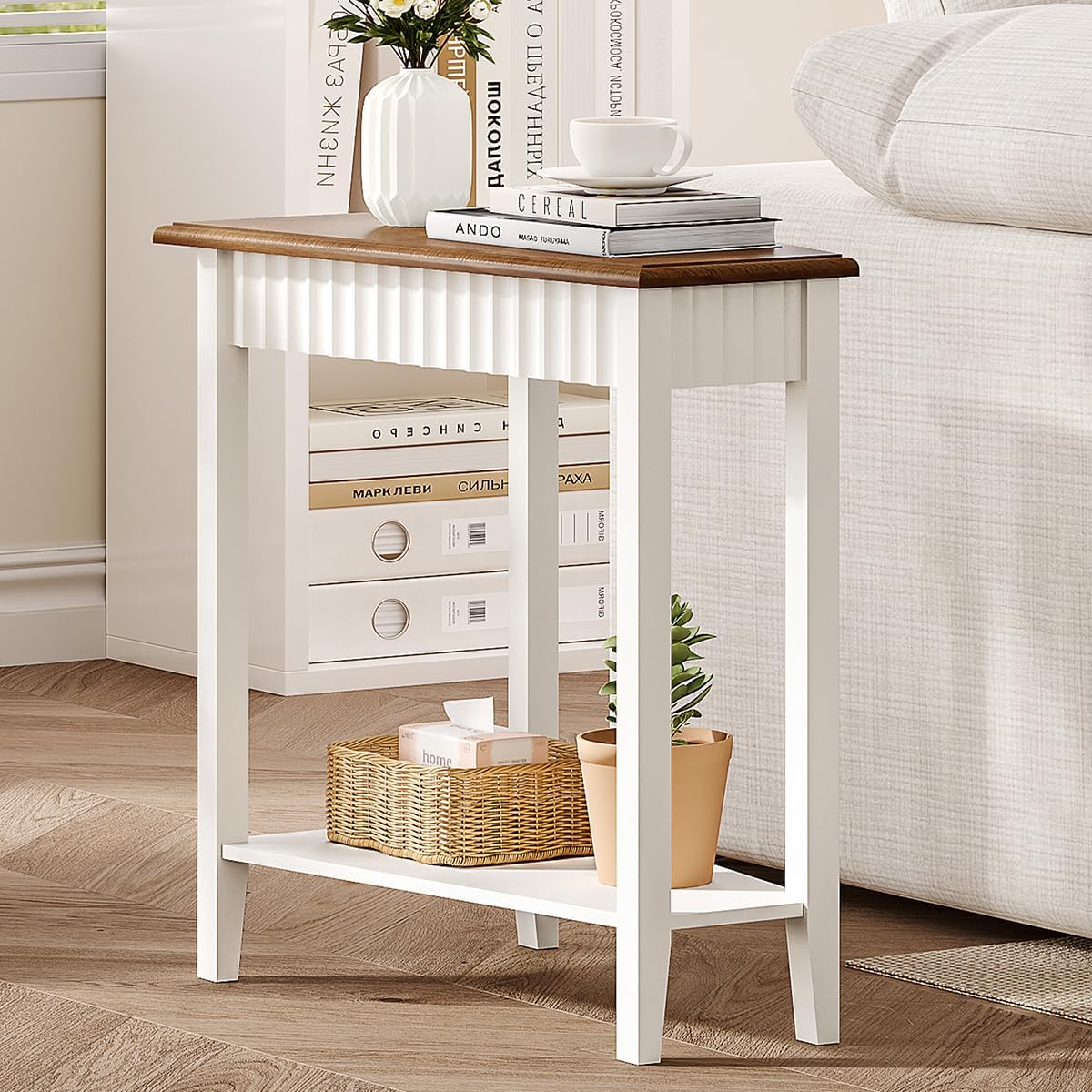 ChooChoo Wedge End Table, Narrow Triangle Side Table with 2-Tier Storage Shelf, Fluted Recliner Side Table for Corner, Living Room, Bedroom, Small Space, White