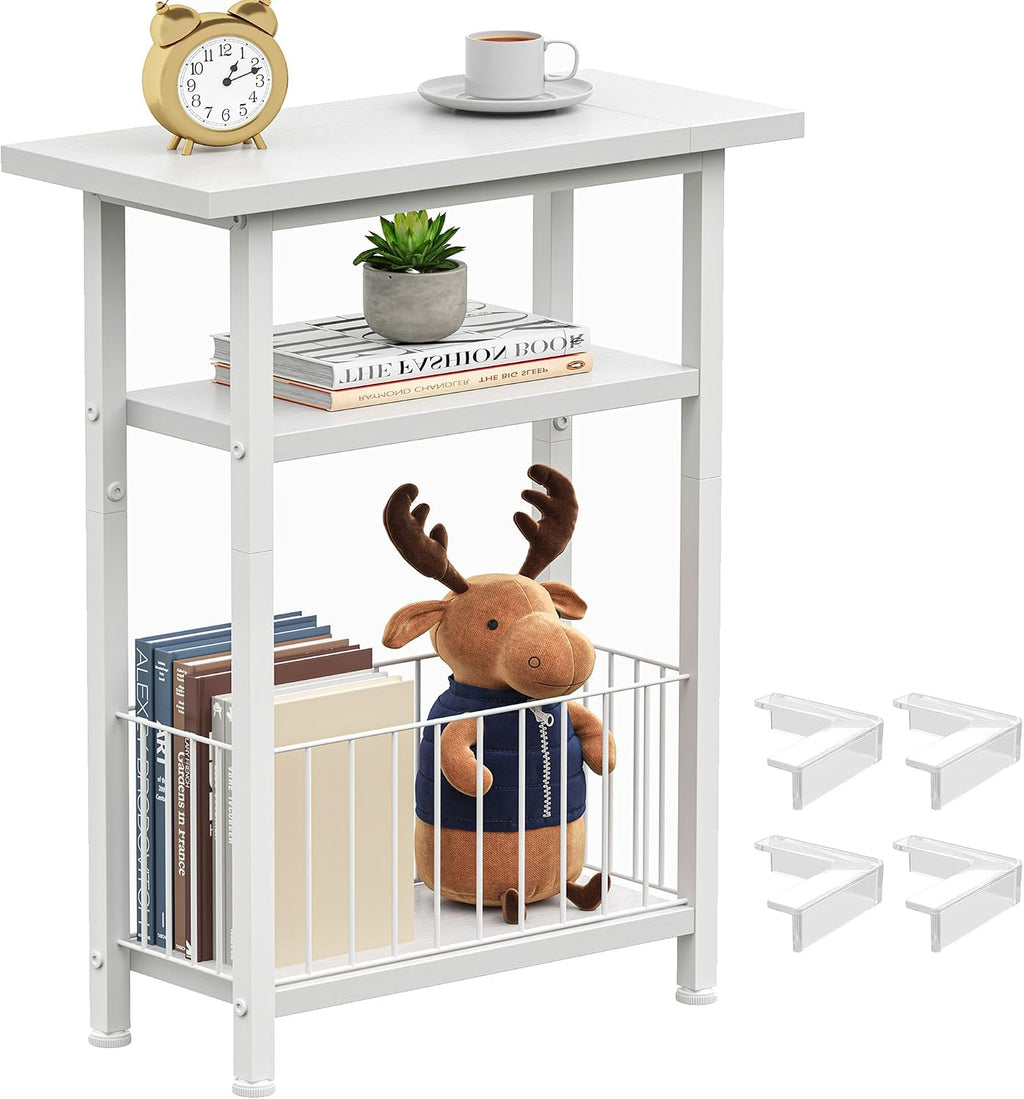 Heybly Small Narrow Side Table for Small Space, Thin Bedside Table with Storage Basket, Skinny End Table, 25.2" Tall Nightstand, Couch Table for Living Room, Bedroom, Study, Kitchen, White, HET004WT1