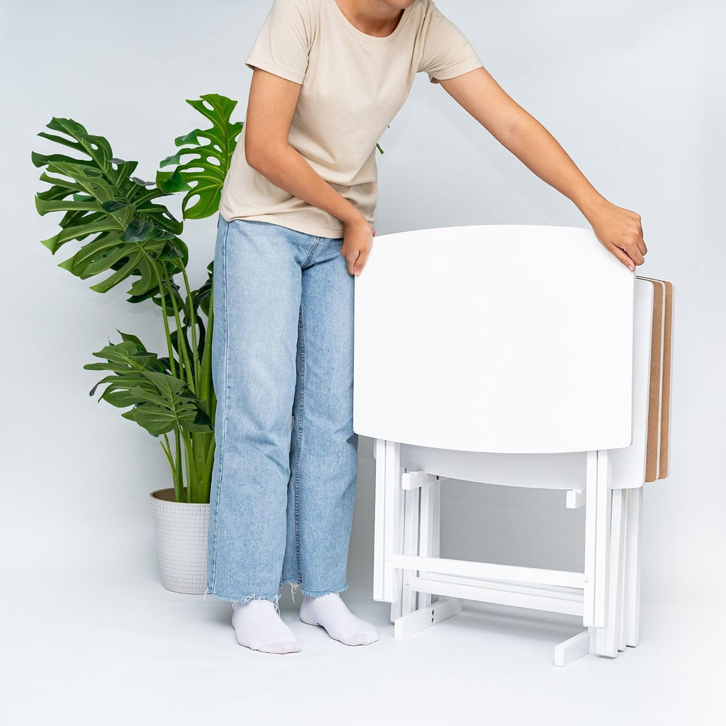 PJ Wood - 5 Pack XL TV Tray Tables - White Wood Set | Large Size, Rectangular Shape, Modern Style, Foldable Design, 33.2 lb Capacity Each, Small Space Storage