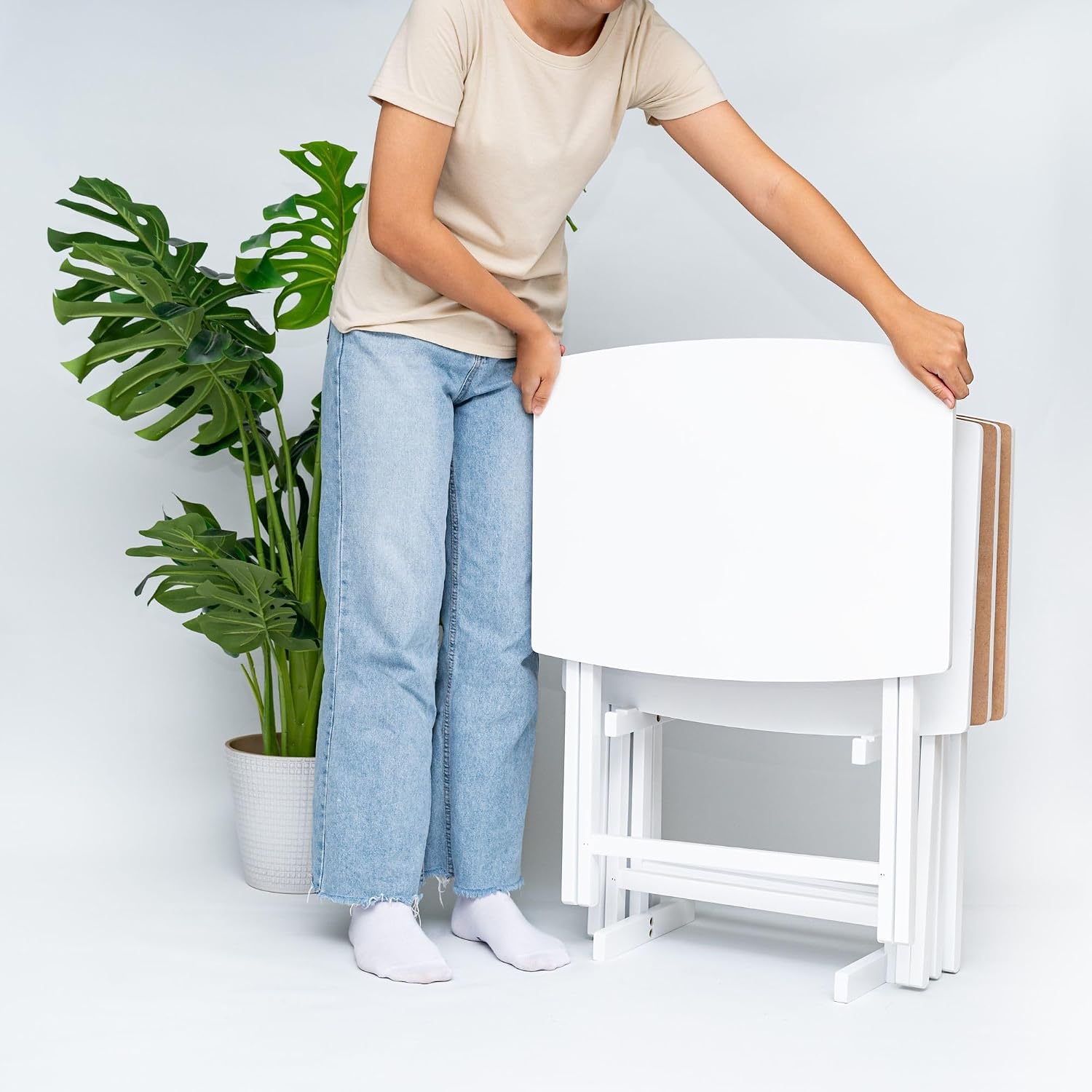 PJ Wood - 5 Pack XL TV Tray Tables - White Wood Set | Large Size, Rectangular Shape, Modern Style, Foldable Design, 33.2 lb Capacity Each, Small Space Storage