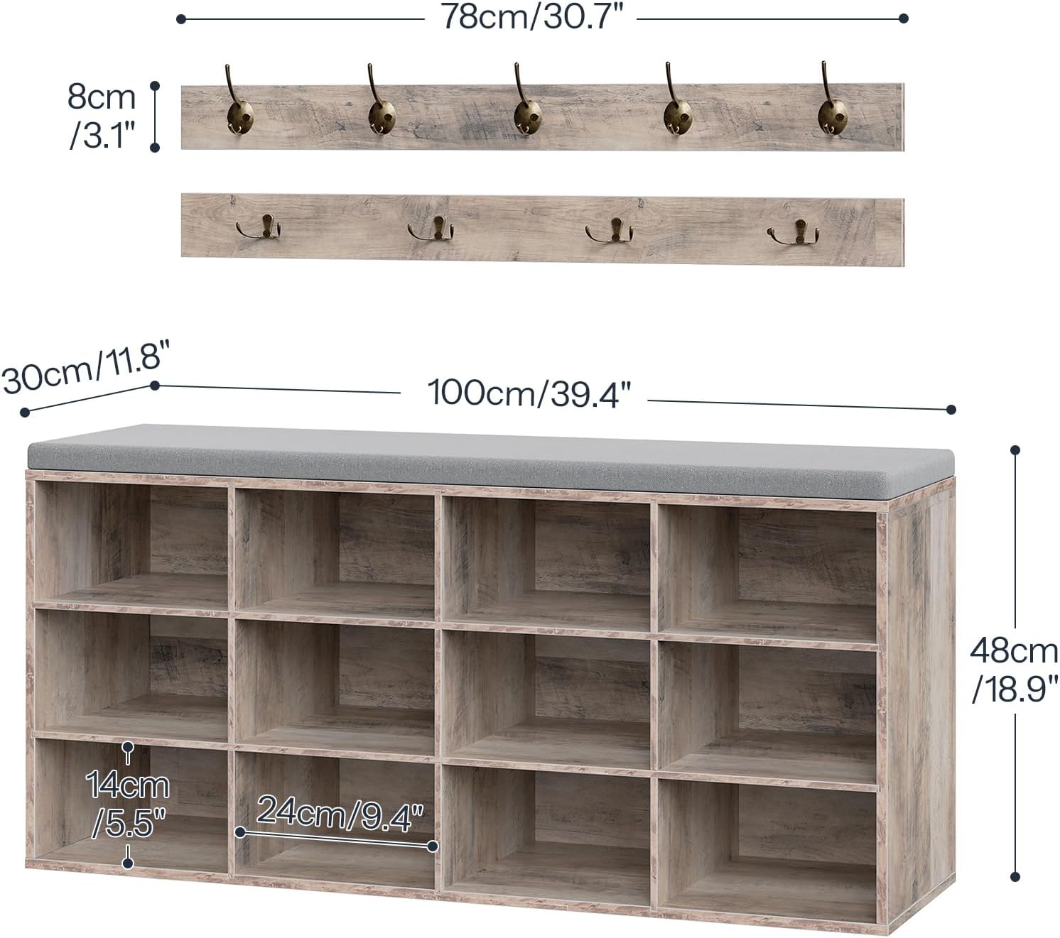 HOOBRO Shoe Storage Bench with Cushion, 39.4" L Entryway Bench with 12 Cubbies, Entryway Hall Tree with Storage, Shoe Cabinet with Coat Rack for Bedroom, Hallway, Holds up to 330 lb, Gray GY112HX01