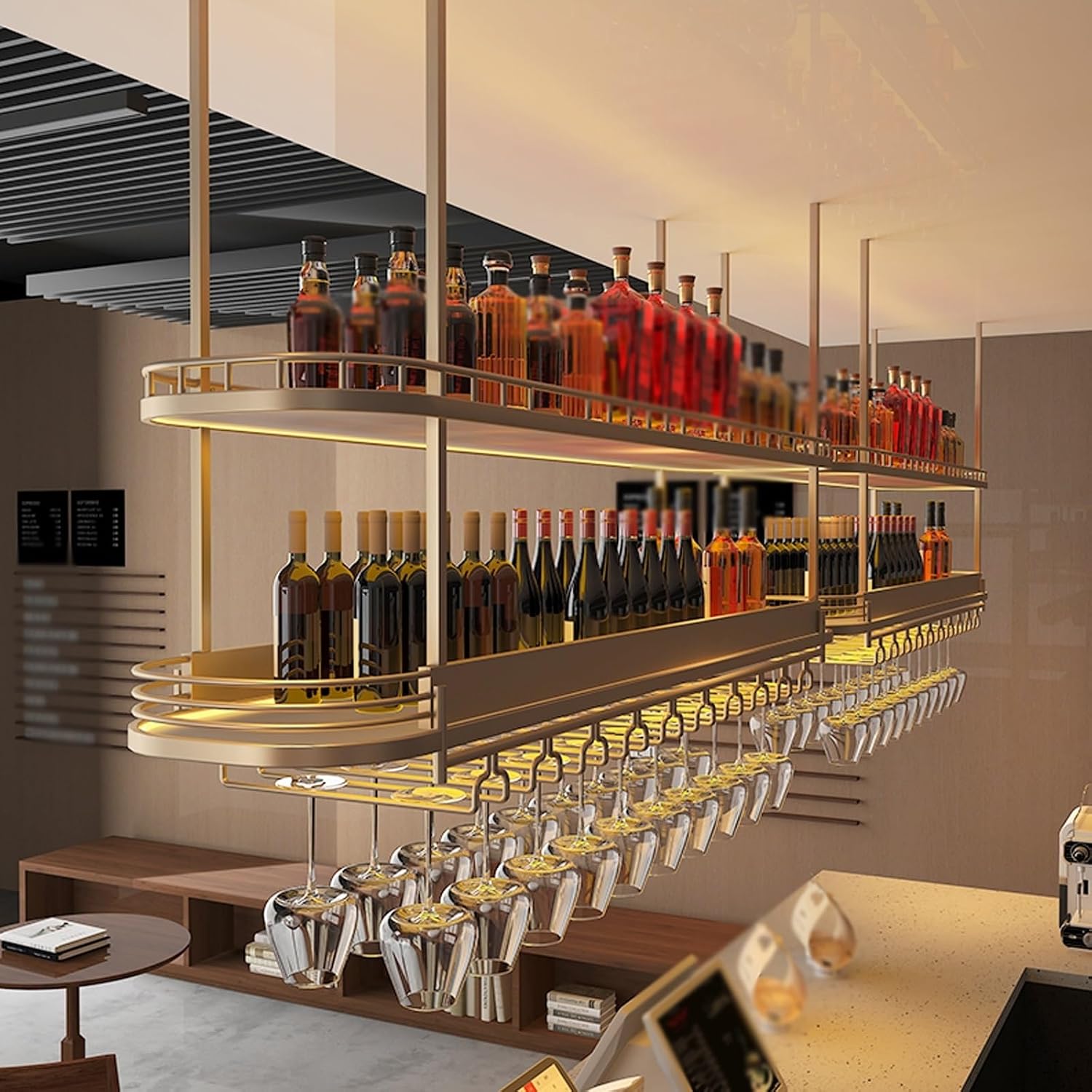 Modern Gold Hanging Wine Glass Holder，Ceiling Bar Wine Glass Shelf，Ceiling Mounted Bottle Rack，for Home，cafes ，Bar