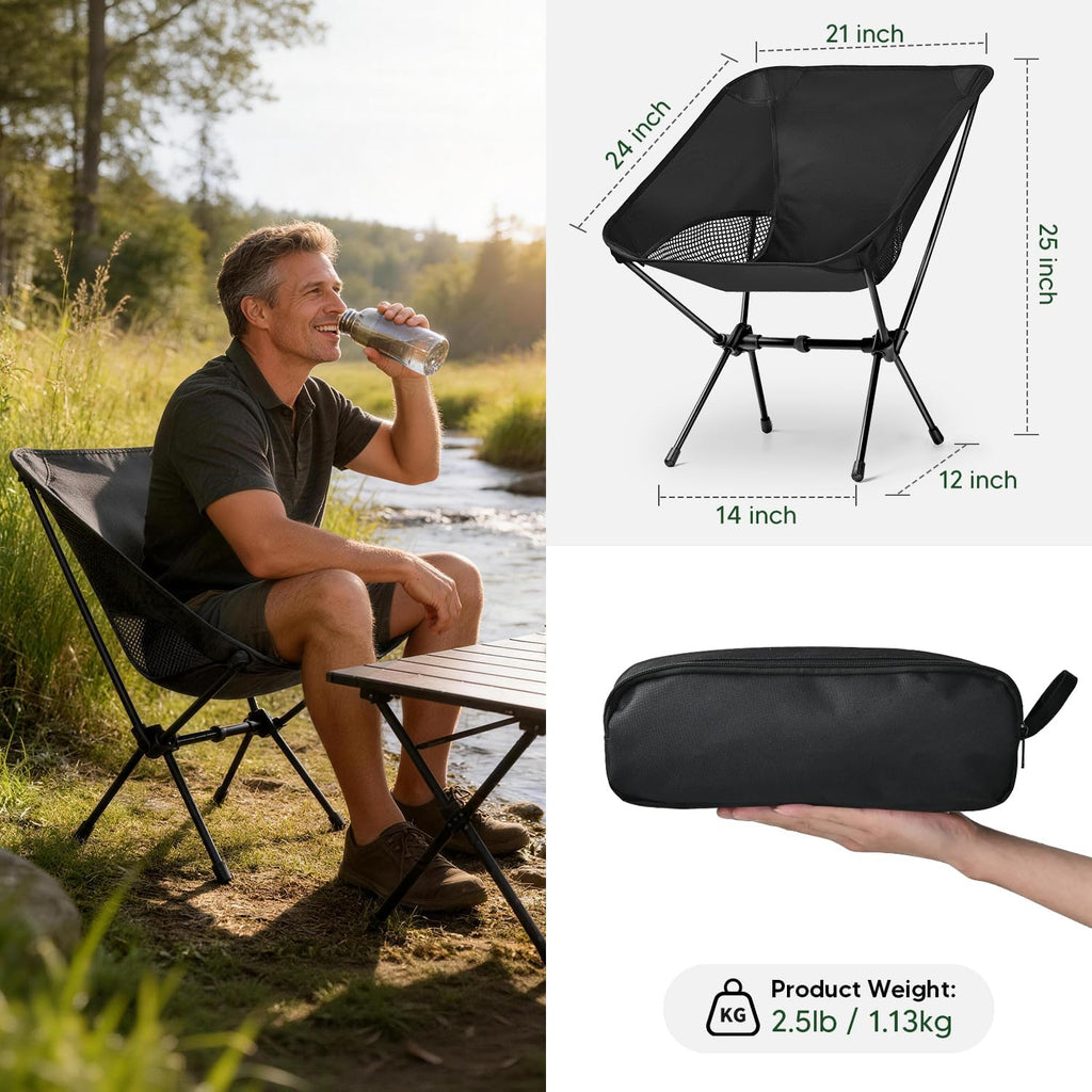 Lightweight Portable Camping Chair - Folding Backpacking Hiking Chair with Carry Bag for Outdoor Travel, Beach, Picnic, Festival (Black)