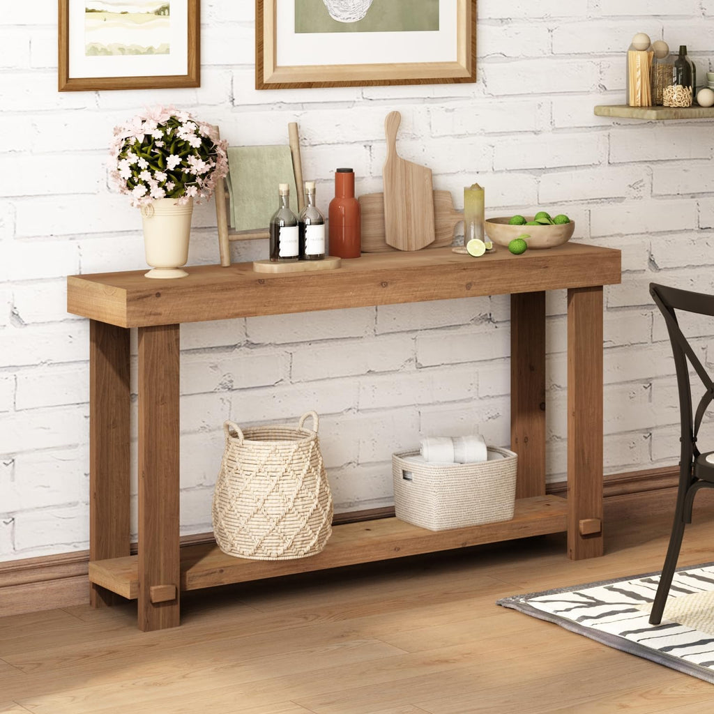 55.1" Long Solid Wood Console Table, Farmhouse Narrow Sofa Table | with Storage Shelf, Thickened Tabletop and Legs, Easy Assembly, Behind the Sofa or Couch, for Living Room, Hallway, Entry