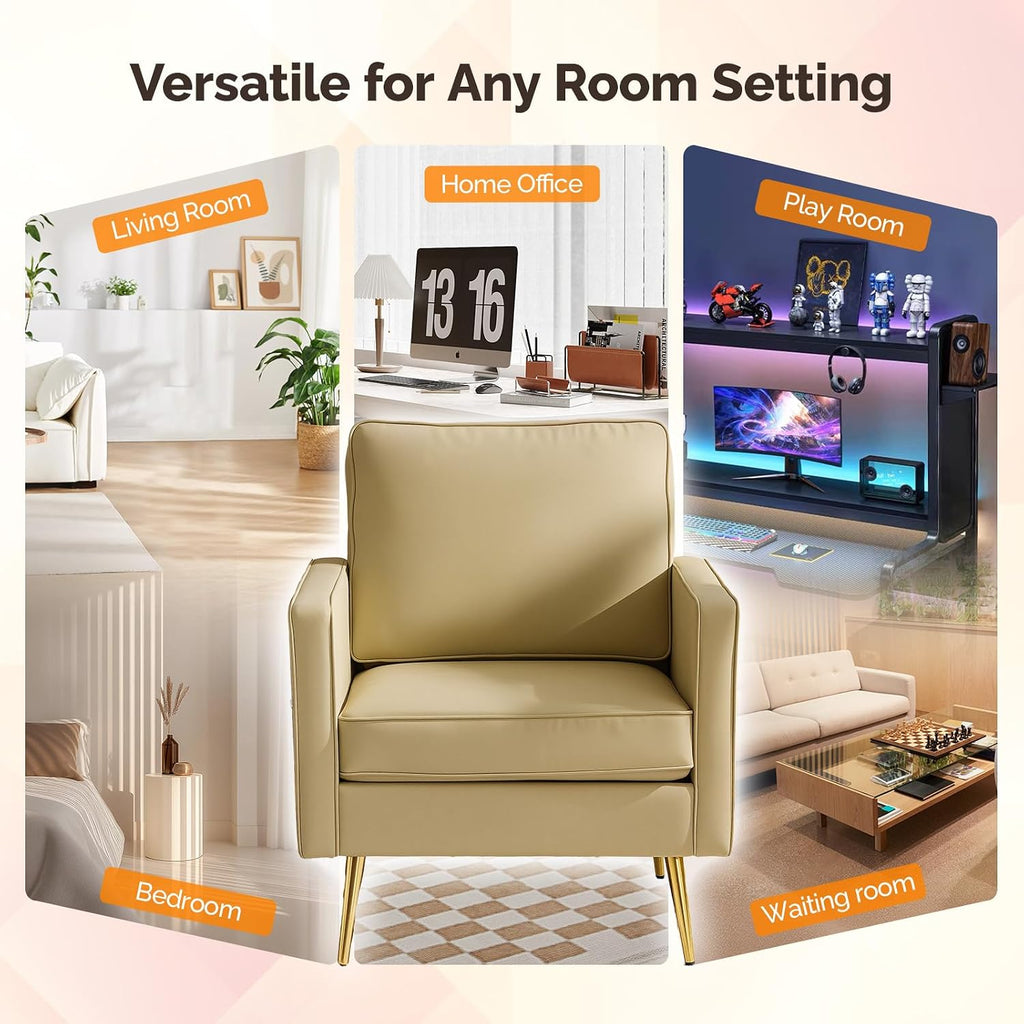 VINGLI Faux Leather Accent Chairs Set of 2 with Gold Legs for Living Room | Brown Armchair, Thick Foam Cushion, Durable Faux Leather PU, Sturdy 380 LB Frame, Elegant Gold Legs, Compact Modern Design
