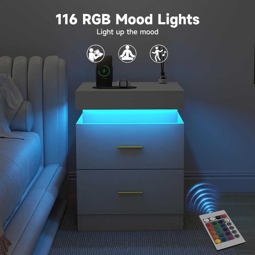 Night Stand Set of 2, 18'' LED Nightstand with Charging Station, Modern Wooden Bedside Table with Hidden Drawer, Sliding Top & 2 Drawers, White End Side Table for Bedroom Living Room