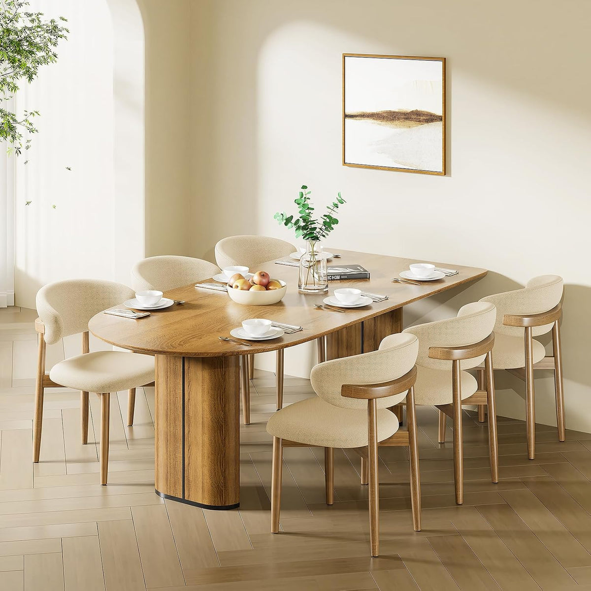 LEVELEVE Wooden Dining Chairs Set of 2,Farmhouse Kitchen Chairs with Curved Back,Modern Fabric Upholstered Chairs for Dining Room,Beige