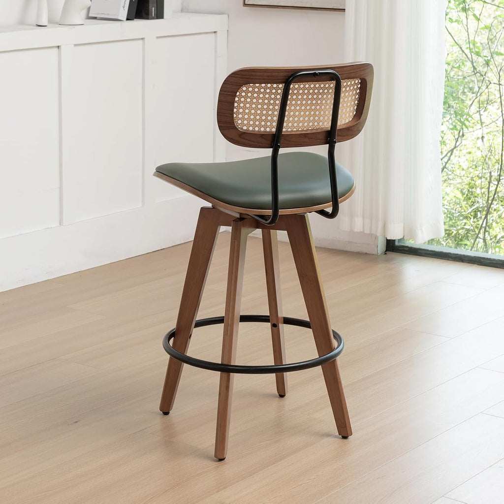 26" Rattan Bar Stools Set of 2, Faux Leather Counter Height Swivel Barstools with Rattan Backrest/Wooden Legs,Armless Mid Century Modern Bar Chairs for Kitchen/Dining Room/Bar Chairs,Green PU