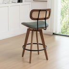 26" Rattan Bar Stools Set of 2, Faux Leather Counter Height Swivel Barstools with Rattan Backrest/Wooden Legs,Armless Mid Century Modern Bar Chairs for Kitchen/Dining Room/Bar Chairs,Green PU