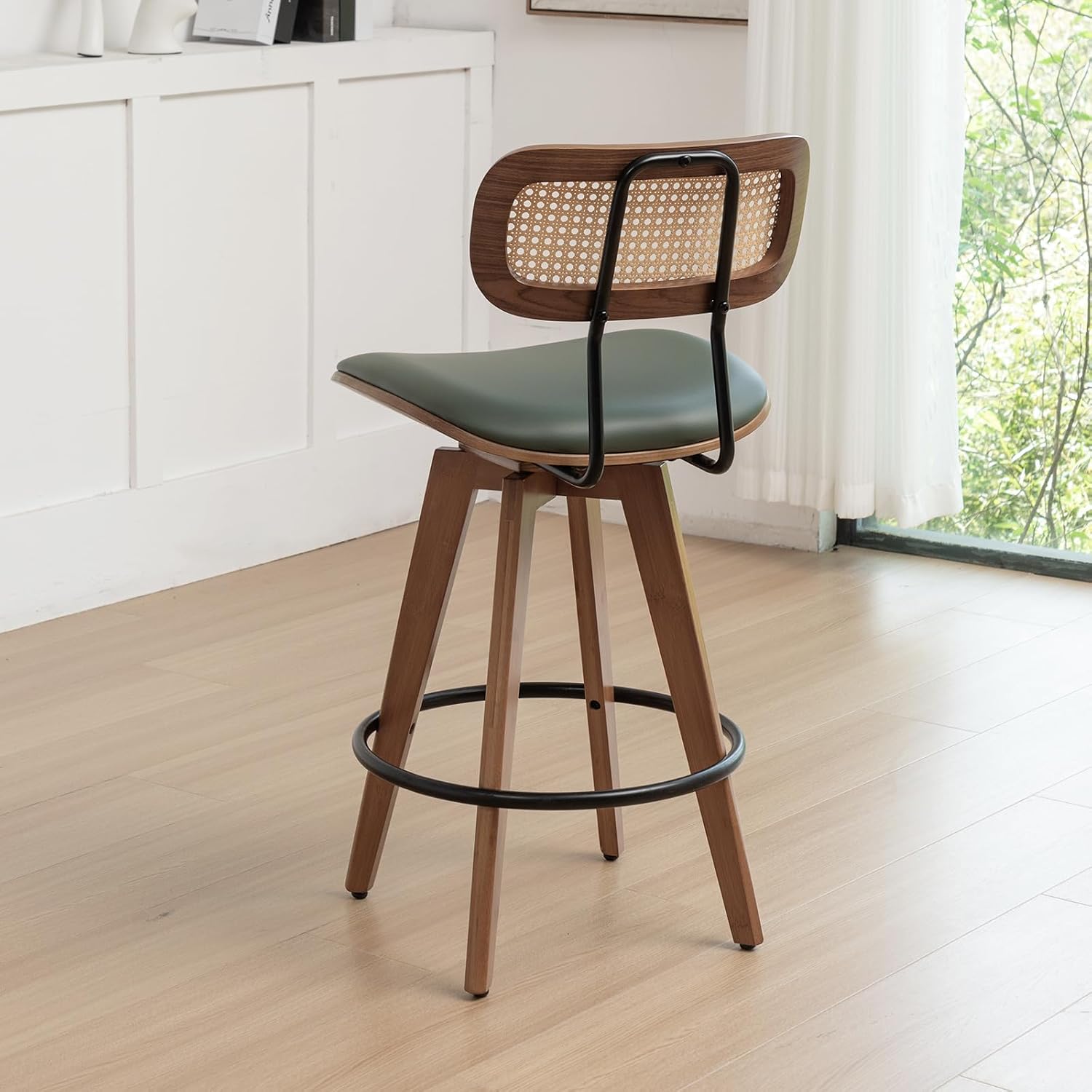 26" Rattan Bar Stools Set of 2, Faux Leather Counter Height Swivel Barstools with Rattan Backrest/Wooden Legs,Armless Mid Century Modern Bar Chairs for Kitchen/Dining Room/Bar Chairs,Green PU
