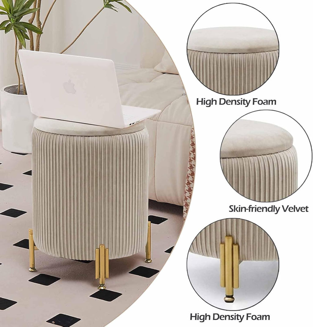 Round Ottoman Foot Stool with Storage and Metal Legs for Living Room Bedroom, Velvet Upholstered Footrest Stool Support 300lbs Modern Padded Seat Ottoman Coffee Table (Oatmeal‌)
