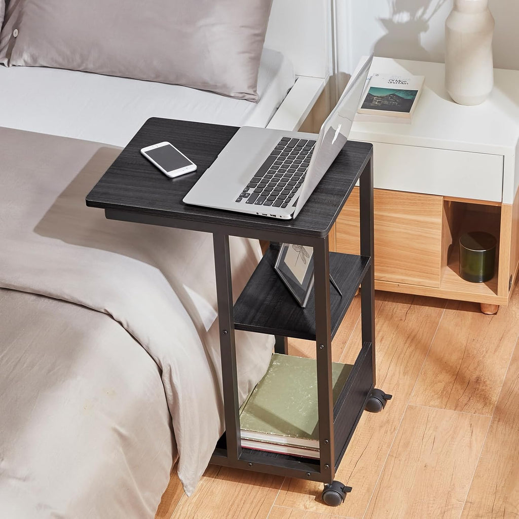 Farini C Shaped Sofa Side End Table, Mobile Snack Table with Brake Wheels Couch Bedside Table with 3-Layer storages,Black Oak