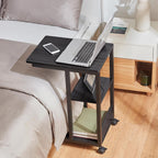 Farini C Shaped Sofa Side End Table, Mobile Snack Table with Brake Wheels Couch Bedside Table with 3-Layer storages,Black Oak