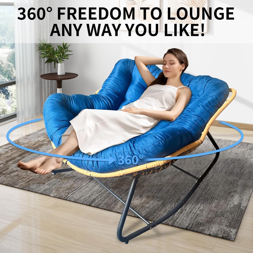 Larger Outdoor Rocking Chair, Rattan Wicker Lounge Chair, for Bedroom, Living Room, Porch, Garden,Lawn-Beige (Black+Blue + Metal + Cotton)