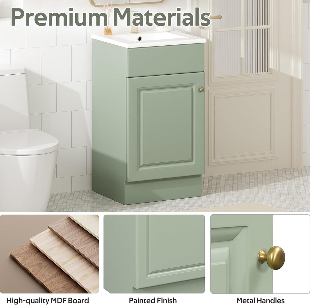 JIVOIT 18" Bathroom Vanity with Ceramic Sink, Vanity Cabinet with Door Shelf& Storage Rack & Adjustable Shelf, Soft Closing Door, Single Vanity Set for Small Bathroom