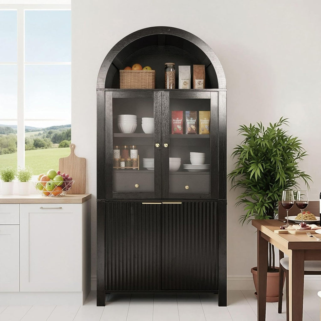 71" Tall Arched Pantry Cabinet with Glass Doors, Fluted Kitchen Storage Cabinet with Adjustable Shelves & Hidden Drawer, Freestanding Display Cabinet for Kitchen, Black