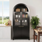 71" Tall Arched Pantry Cabinet with Glass Doors, Fluted Kitchen Storage Cabinet with Adjustable Shelves & Hidden Drawer, Freestanding Display Cabinet for Kitchen, Black