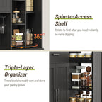 Pantry Cabinet, 67.7" Tall Kitchen Pantry Storage Cabinet with 360° Rotating Shelf & 2 Pull-Out Racks, Freestanding Kitchen Hutch with Charging Station & Drawer, for Dining Room, Black