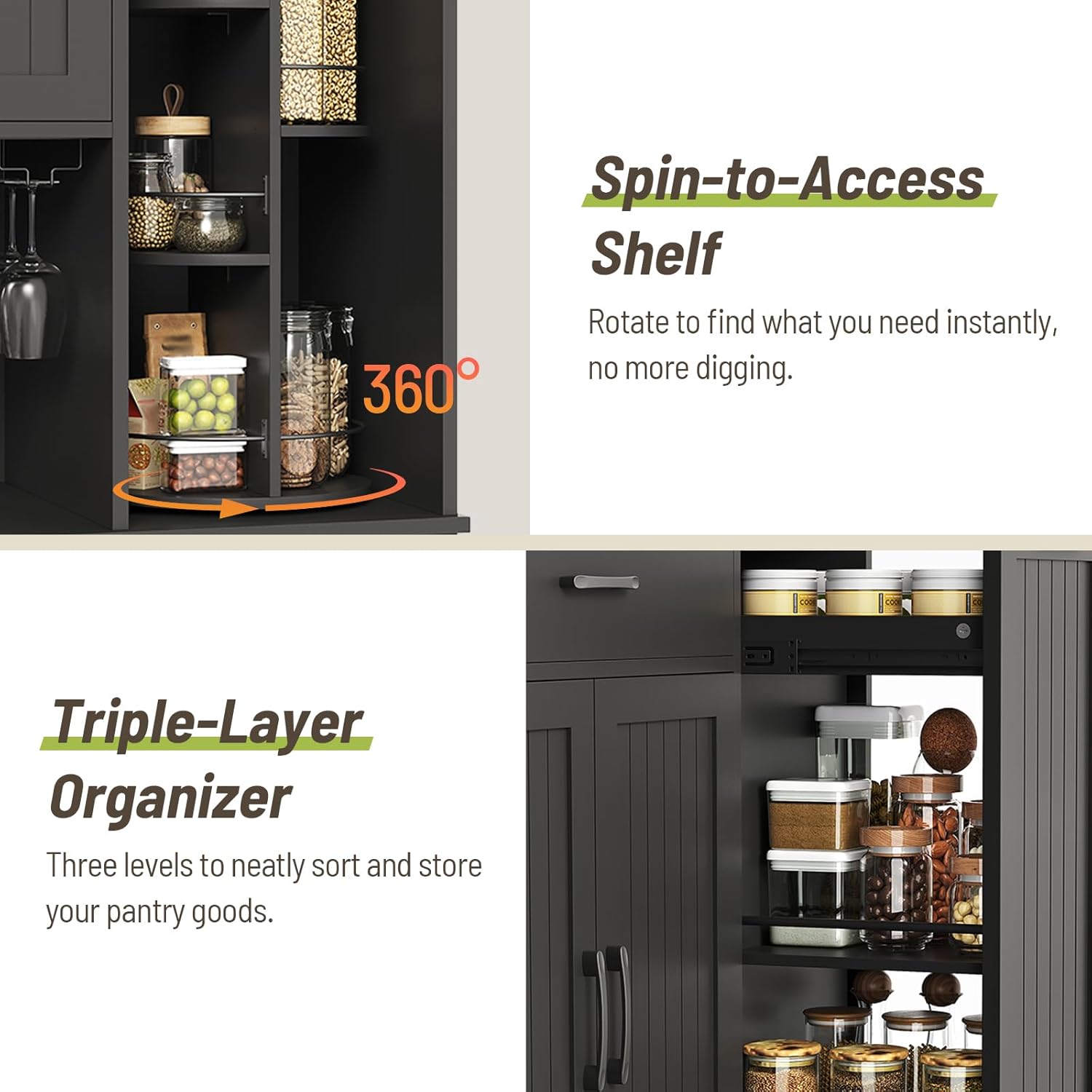 Pantry Cabinet, 67.7" Tall Kitchen Pantry Storage Cabinet with 360° Rotating Shelf & 2 Pull-Out Racks, Freestanding Kitchen Hutch with Charging Station & Drawer, for Dining Room, Black
