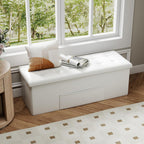 43 Inches Folding Storage Ottoman Bench, Foldable Foot Rest Stool End of Bed Bench with Side Pocket, Storage Chest for Living Room, Entryway & Bedroom (White)
