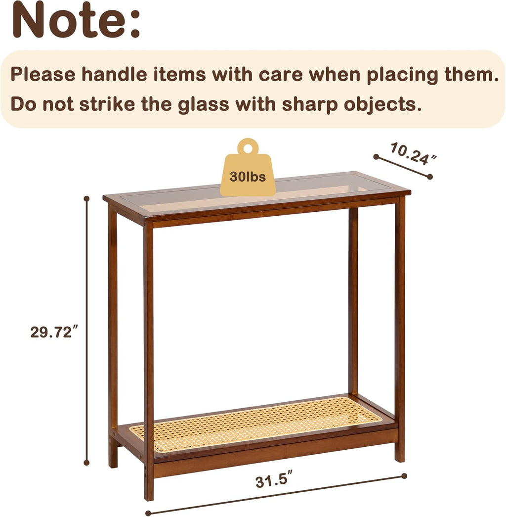 Bamboo Narrow Console Table, 31.5"(L) Wood Small Entryway Table with Rattan and Glass, Accent Slim Hallway Tables, Thin Sofa Side Tables for Hallway, Living Room, Bedroom, Foyer, Walnut